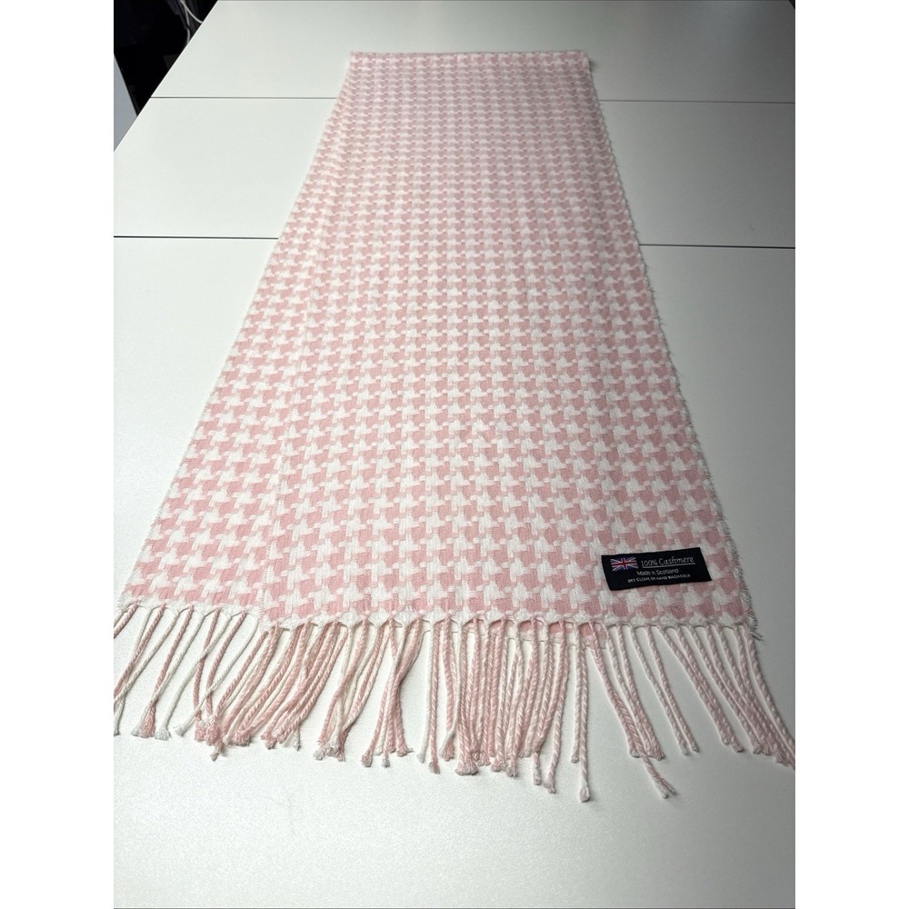 Classic 100% Cashmere Houndstooth Knit Scarf Pink White 12"x64" Scotland Fringe‎
